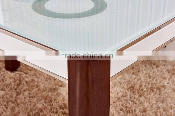 glass top wooden color steel leg dining table with tempered glass top