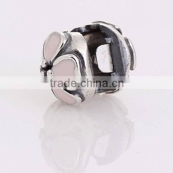 100% 925 Sterling Silver Pink Cherry Blossom Enamel Clip Charm Bead
