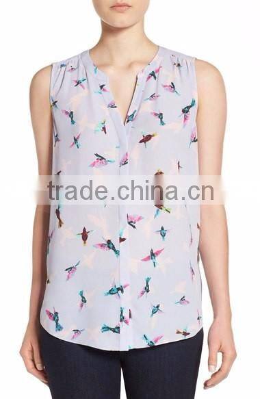 Women Print Pleat Back Split Neck Sexy Sleeveless Blouse Patterns