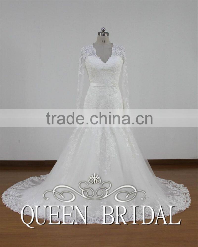 Real Sample Appliqued Lace Long Sleeve Mermaid Islamic Wedding Dress Patterns