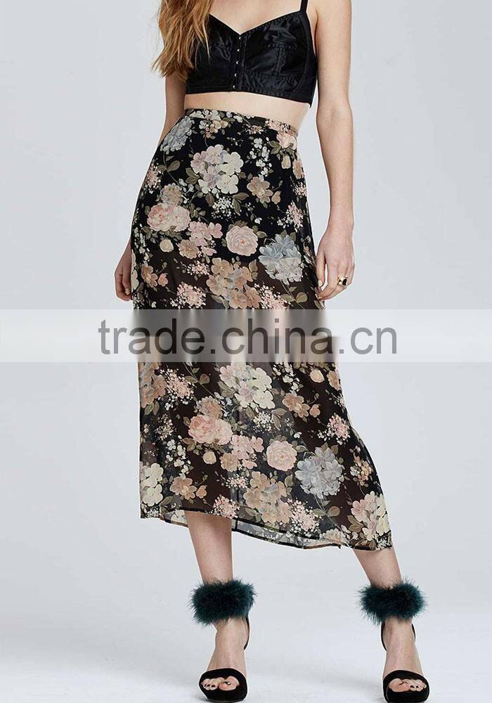 China women clothing manufacturer floral print ladies high waist pleated maxi skirt