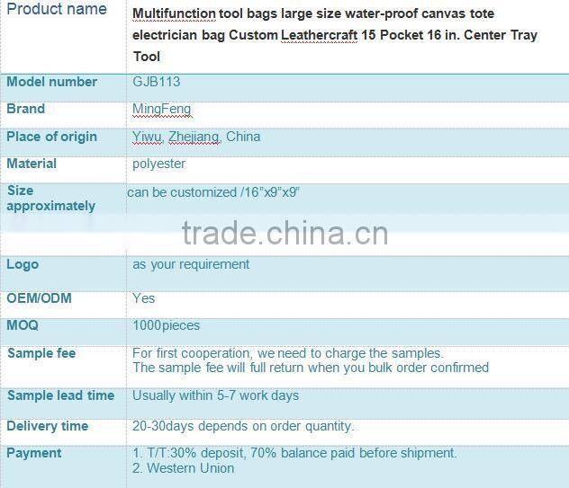 Multifunction tool bags large size water-proof canvas tote electrician bag Custom Leathercraft 15 Pocket 16 in. Center Tray Tool