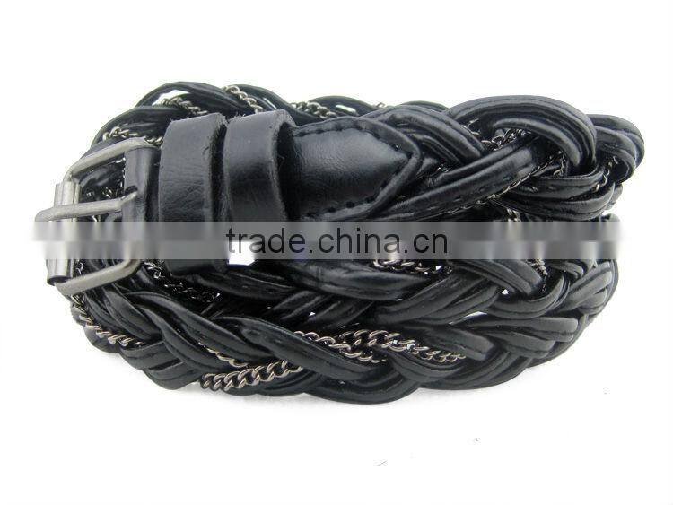 Women's 1" Wide Web Woven Braided Chain Black Faux Leather Belt