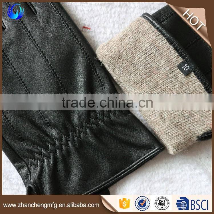 Classic men wool lined winter black sheepskin leather gloves made in China
