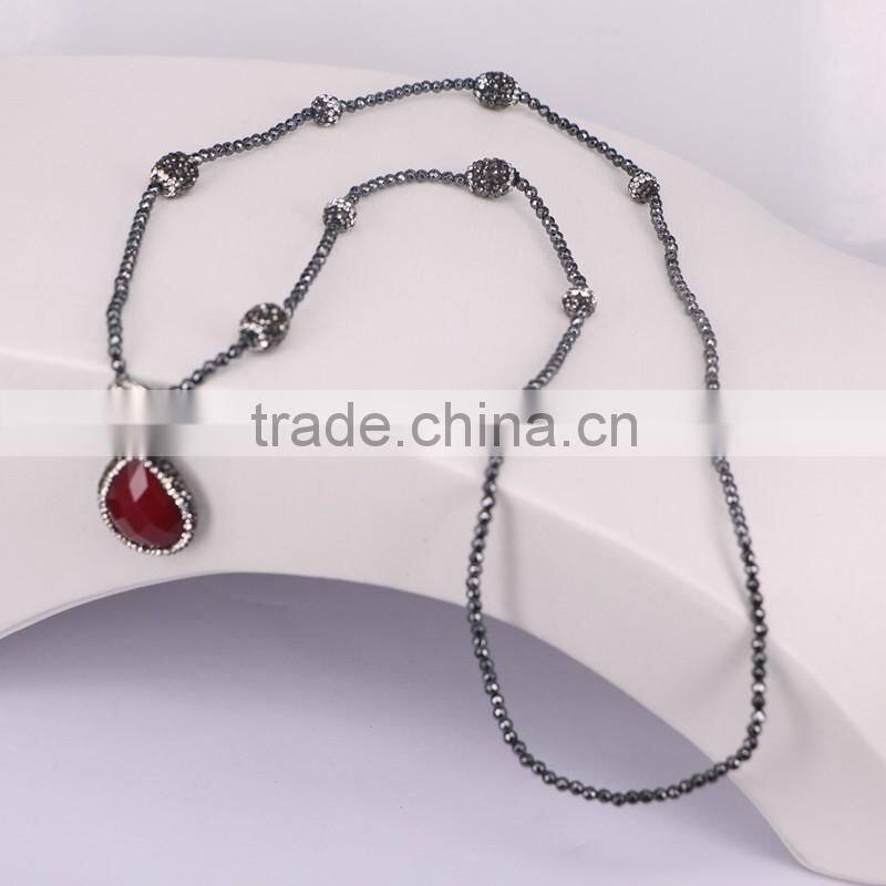 Pave Crystal Beads Hematite Beaded Necklace, Waterdrop Gem Stone Pendant Necklace