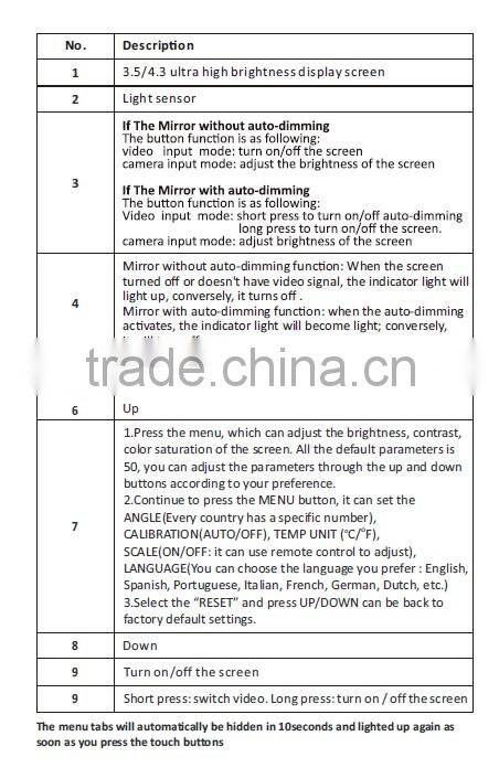 4.3inch High definition car rear view mirror monitor with reverse camera display,compass, temperature, and auto dimming