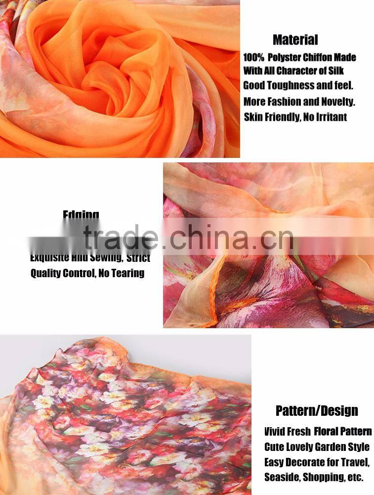 Fashion Active Dying Floral Pattern Scarf 100% Polyester Silk Scarves for Women