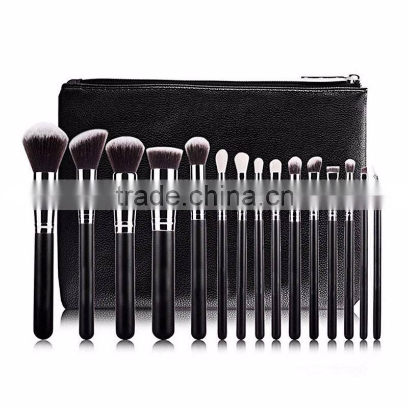 Wholesale cosmetic tool 15pcs make up brushes black wooden natural makeup brush set