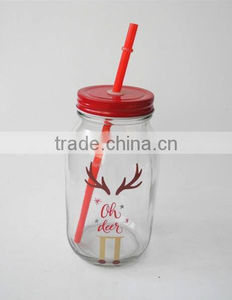 deer printed festival use ecofriendly glass mason jar with pipe