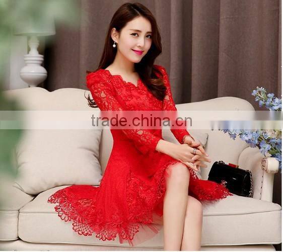 sexy red lace mature party long sleeve fashion lady dress