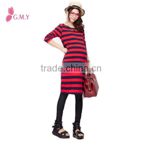 Red and black striped knitted maternity dresses, long sleeve cotton T-shirt dress for pregnant