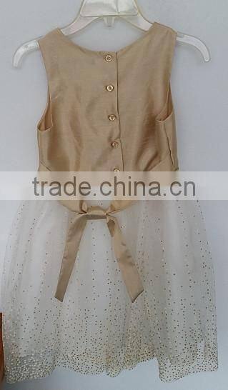girls golden and white printed polyester dress for summer