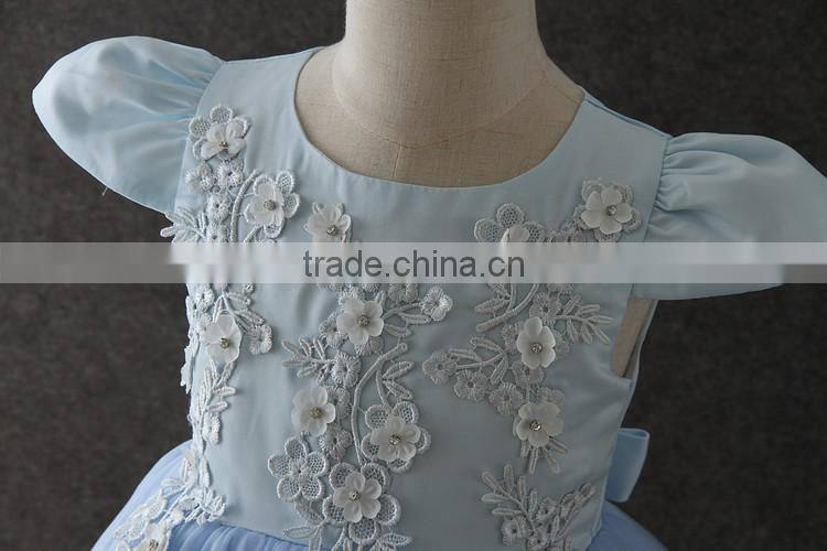 High quality OEM Princess Blue Short sleeves Embroidery Flower girls party dresses Lovely Fluffy Tulle baby Communion dresses