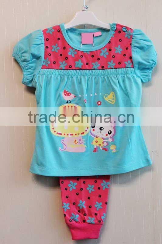 Wholesale Fashion Baby Knitted Pajama Printed Cap Sleeve Top +Long Pan Girls 2 Pcs Set TP-7711