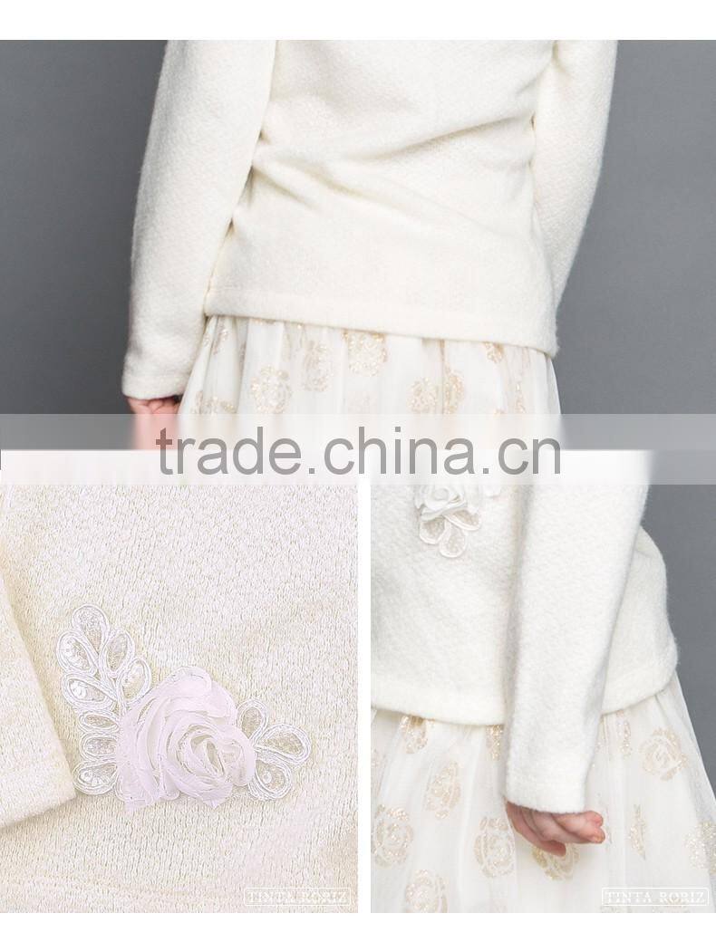 Kid Girls Wear Knnitted Lapel T Shirt With Flower Decoration Girls Long Sleeve t Shirt