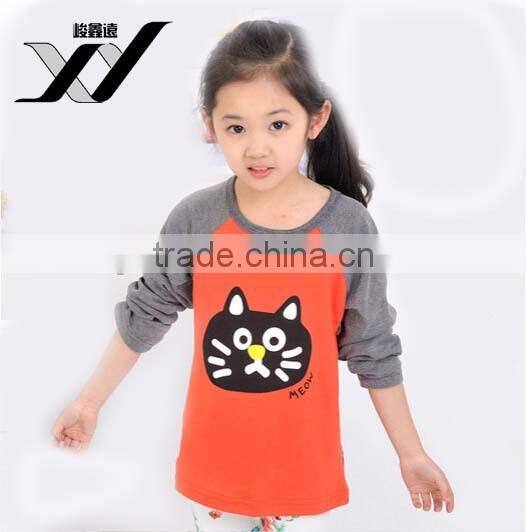 wholesale chidren lovely cat pattern print all cotton long Raglan sleeve hoodie for girl