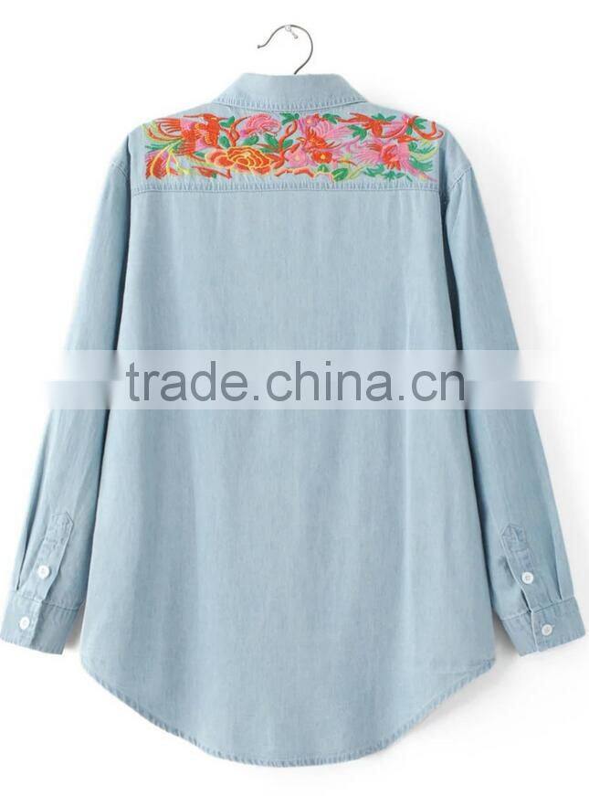 Runwaylover EY2349B Europe Style 2017 Ladies Embroidery Washed Denim Blouse