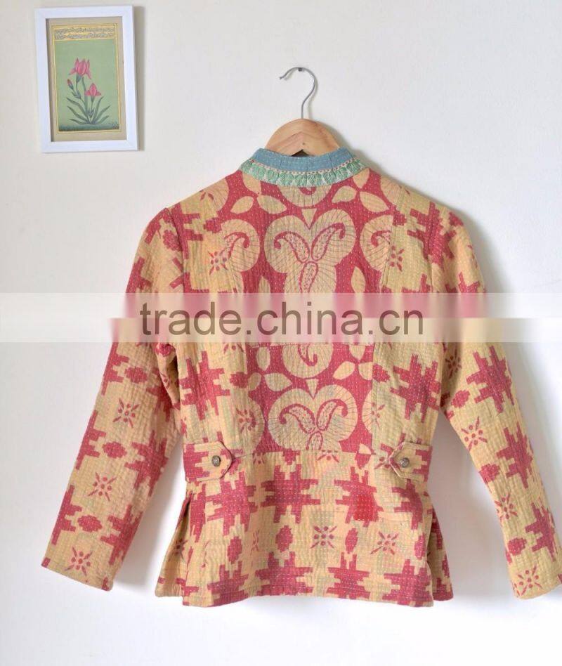 Handmade Kantha Boho Jacket in Green & Burnt Orange print ~ Small