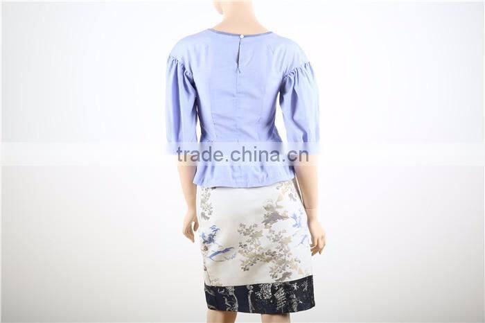 3/4 sleeve blue women unstitched blouse with button closure