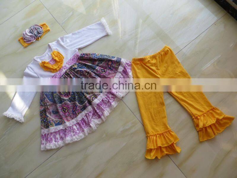 Wholesale Cotton Baby 3 pieces Spring Outfits Baby Girls Dress &Ruffle Pants Sets & Flower Headband QL-27