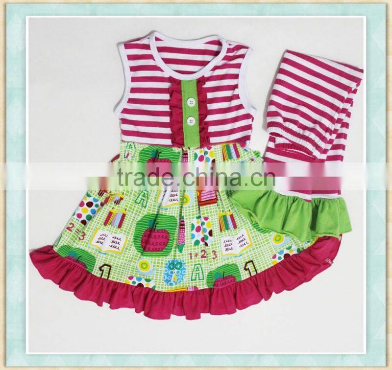 2017 popular series baby girl sleeveless back to school o-neck with lace fioral print ruffle clothes outfits pictures