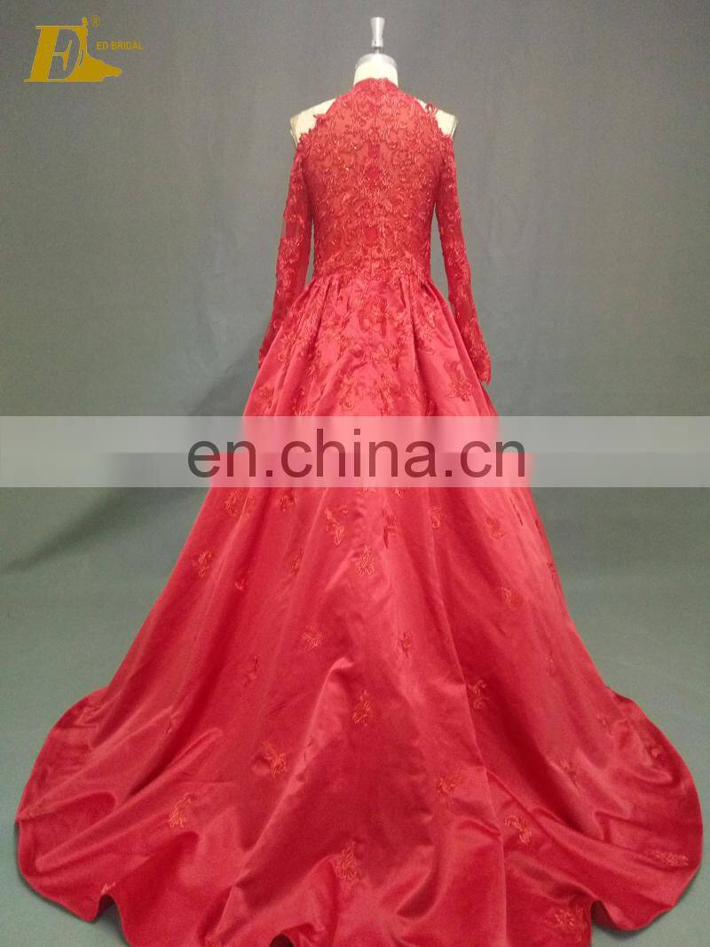 Real Photo High Neckline Satin Appliques Beaded Red Muslim Evening Dress Long Sleeve