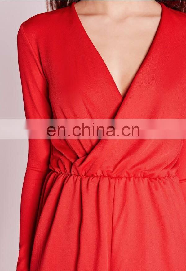 2017 Red color deep v neck sexy jumpsuit for women