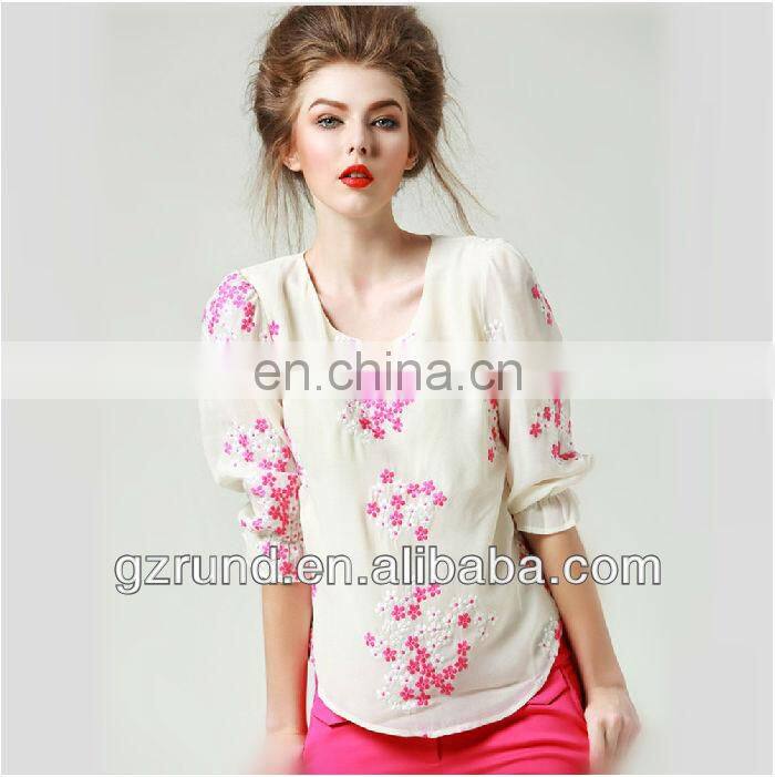 Summer new women's high-end European and American Slim embroidered flowers peach shirt sleeve T-shirt
