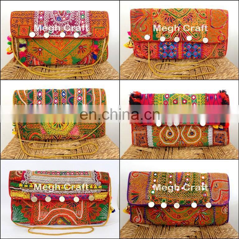 Designer hippie gypsy mirror work Leather tote bag- Designer Embroidered Mirror Work Leather tote Bag