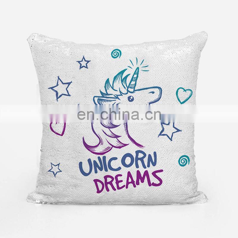 Hot sale custom fabric cushion cover beautiful travel mermaid sequin pillow Unicorn custom pillow Magic sequin emoji pillow