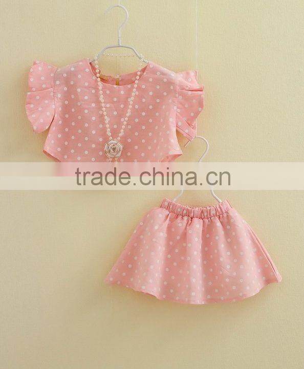 Girls summer outfits 2016 girl polka dot fabric flutter sleeve shirt top and skirt