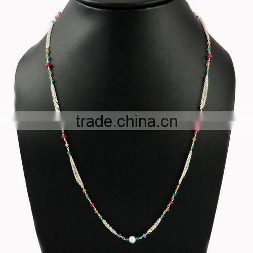 Pale Beauty !! Springring Lock Iolite & Pearl & Ruby 925 Sterling Silver Chain, Wholesale Jewellery On Factory Price