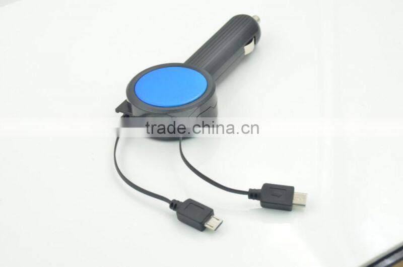 New design protable 3.1A car battery charger with double retractable built-in cable for iphone/samsung/Type-C/htc/blackberry