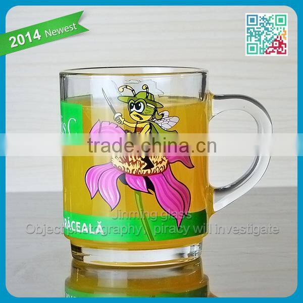Branded Decorative Juice Cup Glasses Promotional Lovely Juice Cup Glass Mug with Handle Kids Favor Cartoon Logo Beverage Glass
