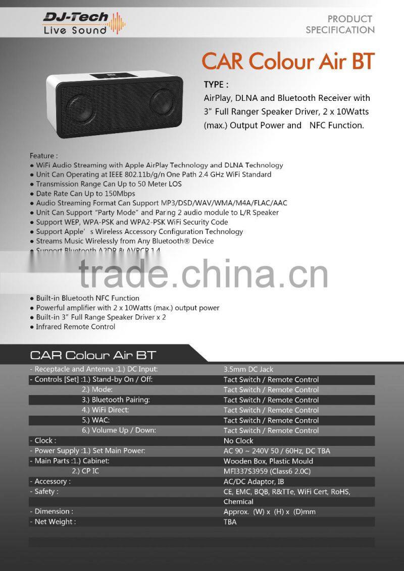 Fidek CAR Colour Air BT portable bluetooth speaker Wifi Audio streaming with Airplay stpeaker