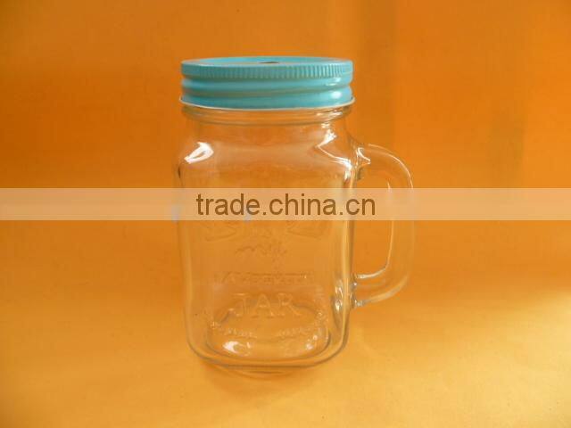 glass mason jar with handle and straw