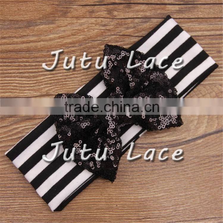 9 colors in stock babies headband stripes fabric, Sequin Bow Stripe Cotton knot headband wholesale