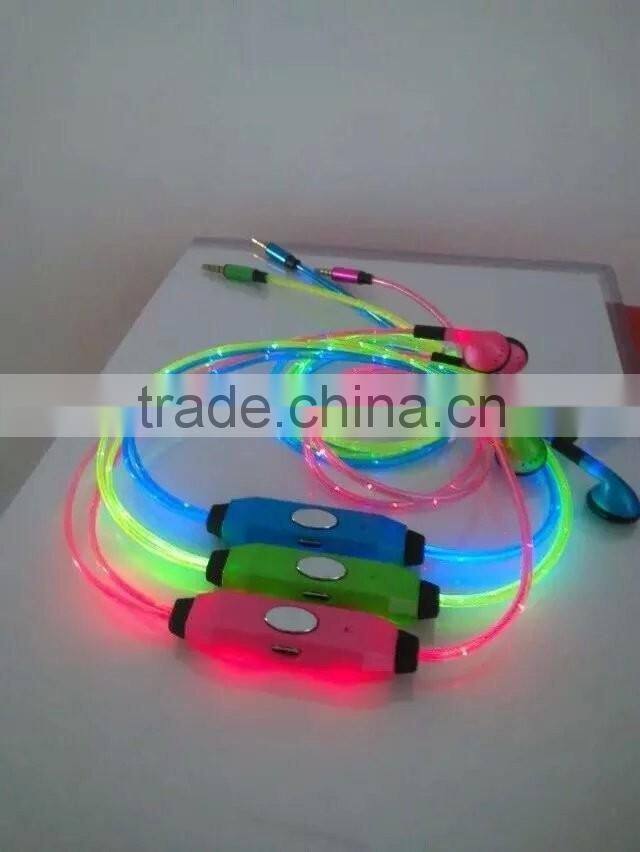 flat cable earphone with mic shiny earphone with led line