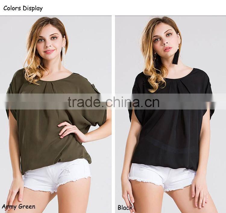 2016 Summer Women Round Neck Pleated Crop Tops Ladies Short Sleeve Tabs Lace Back Hollow Out Chiffon Blouses Elegant Design