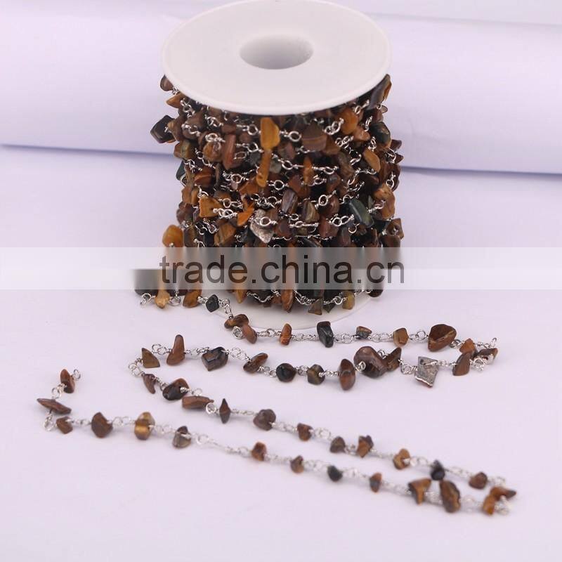 meters Tiger Eye Stone Beads Wire Wrapped Chip Beaded Chain, Silver Plated Wire Wrapped Rosary Chain