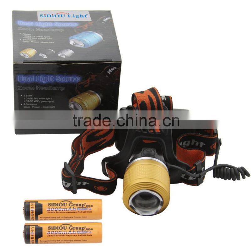 Dual Light Source LED Headlamp Rotating The Focusing Fishing Headlights With 2 x 18650 Li-ion Rechargeable Batteries+1 x Charger