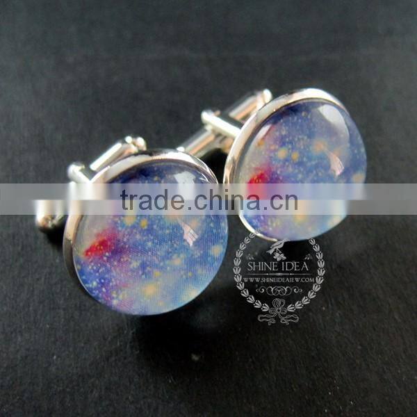 20mm silver plated blue galaxy universe art collage round glass cabochon fashion cufflinks wedding cuff link gift 6600057
