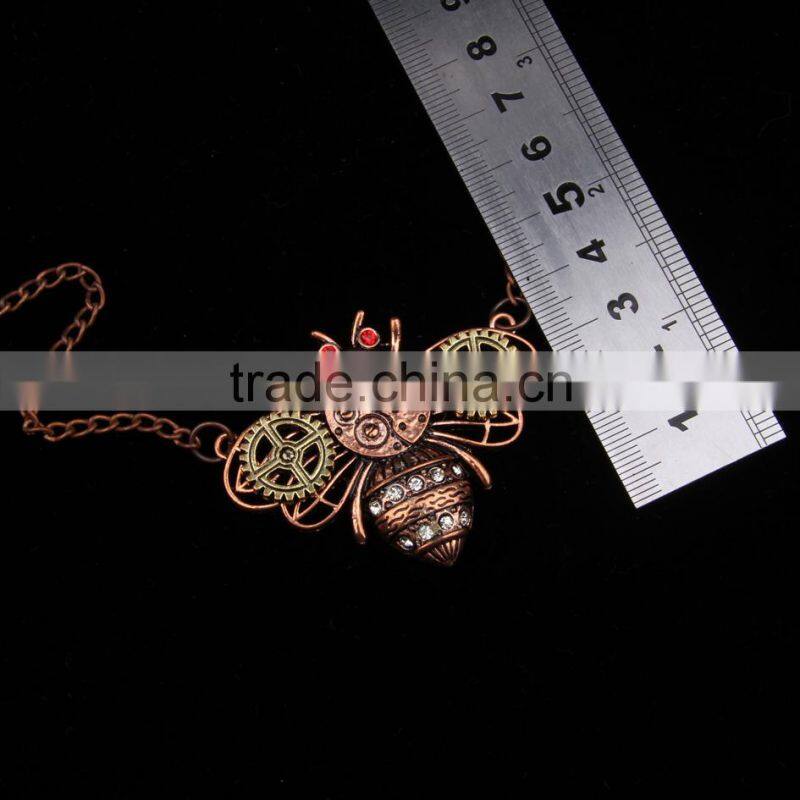 2015 yiwu fashion jewelry hot sale steampunk bee gear pendant with crystal statement necklace red copper