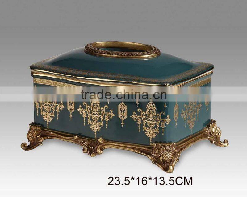 New design noble appliance blue ceramic floral painting brass decorative tissue box