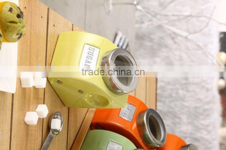 export to turkey colourful ceramic porcelain canister set,ceramic canister,storage jar,ceramic jarwith spoon & bamboo stand