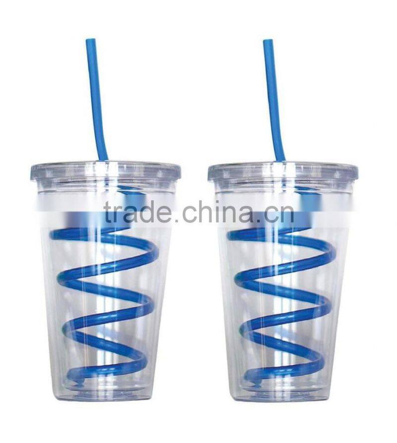 Single wall Insulated Plastic Drink Cup Glass w Curly Crazy Straw Travel Tumbler