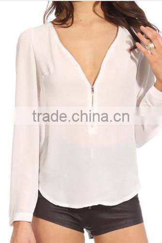 2016 New Fashion Women Autumn Sexy Long Sleeve Zipper Chiffon Blouse