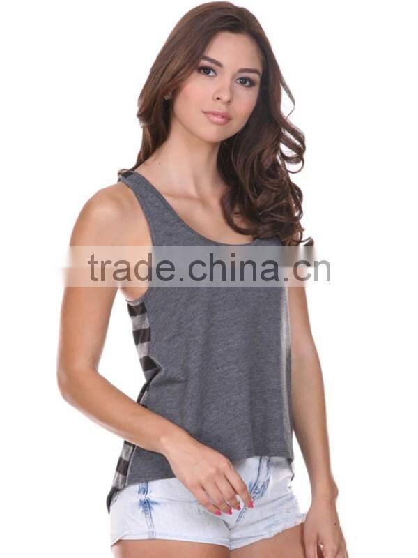 Custom single jersey striped contrast short front long back fitness women gym tank top