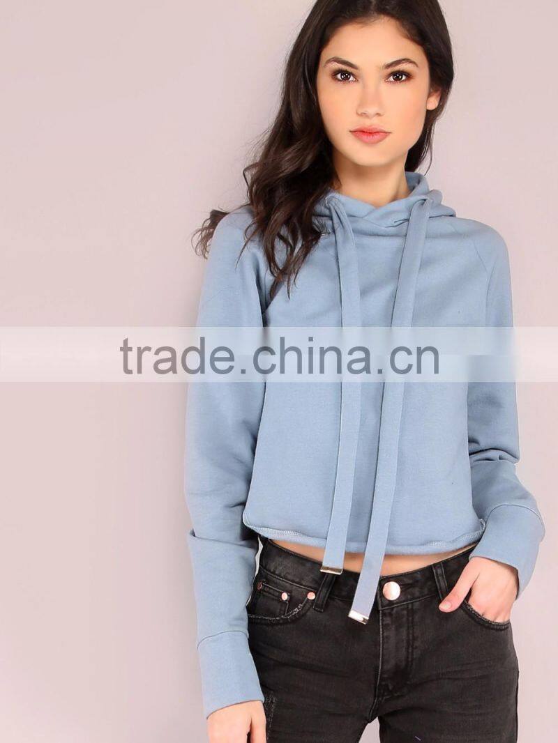Spring Curved Hem Cute Fits Hoodie Manufacturer Amazing Custom Made Color Cropped Pocketless Hoodie Pretty Blue Long Sleeve