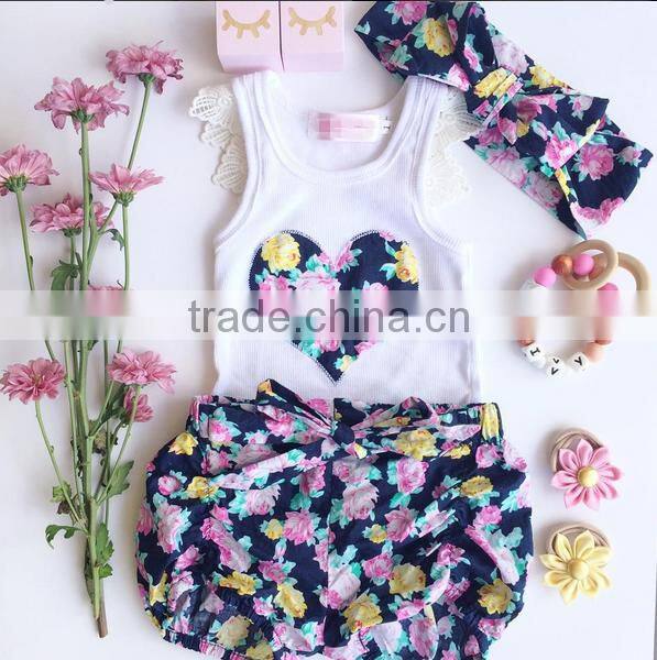 Summer Boutique Outfits Sets Children Flower Print Clothing Set Kids Clothes Matching Headband